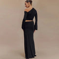 Ensemble élégant jupe longue taille haute & top manches évasées – style asymétrique chic. MAX FOR ME
