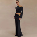 Ensemble élégant jupe longue taille haute & top manches évasées – style asymétrique chic. MAX FOR ME