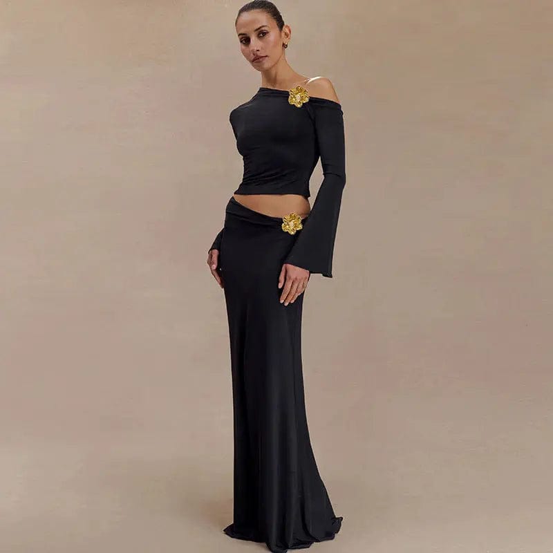 Ensemble élégant jupe longue taille haute & top manches évasées – style asymétrique chic. MAX FOR ME