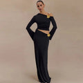 Ensemble élégant jupe longue taille haute & top manches évasées – style asymétrique chic. MAX FOR ME
