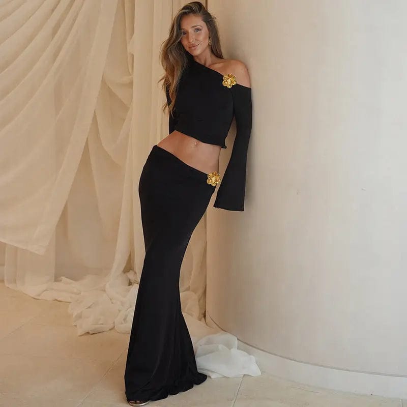 Ensemble élégant jupe longue taille haute & top manches évasées – style asymétrique chic. MAX FOR ME