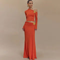 Ensemble élégant jupe longue taille haute & top manches évasées – style asymétrique chic. Orange / S MAX FOR ME