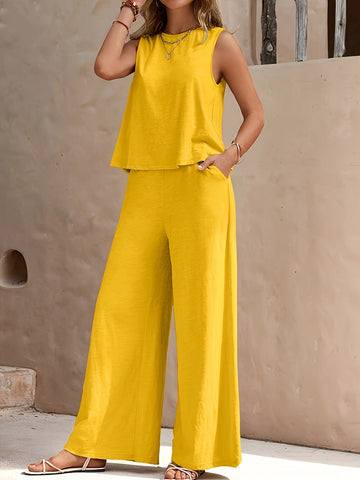 Ensemble en lin mélangé top et pantalon large - une allure chic et naturelle - MAX FOR ME Jaune / S MAX FOR ME