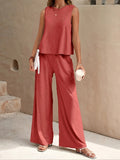 Ensemble en lin mélangé top et pantalon large - une allure chic et naturelle - MAX FOR ME Rouge / S MAX FOR ME