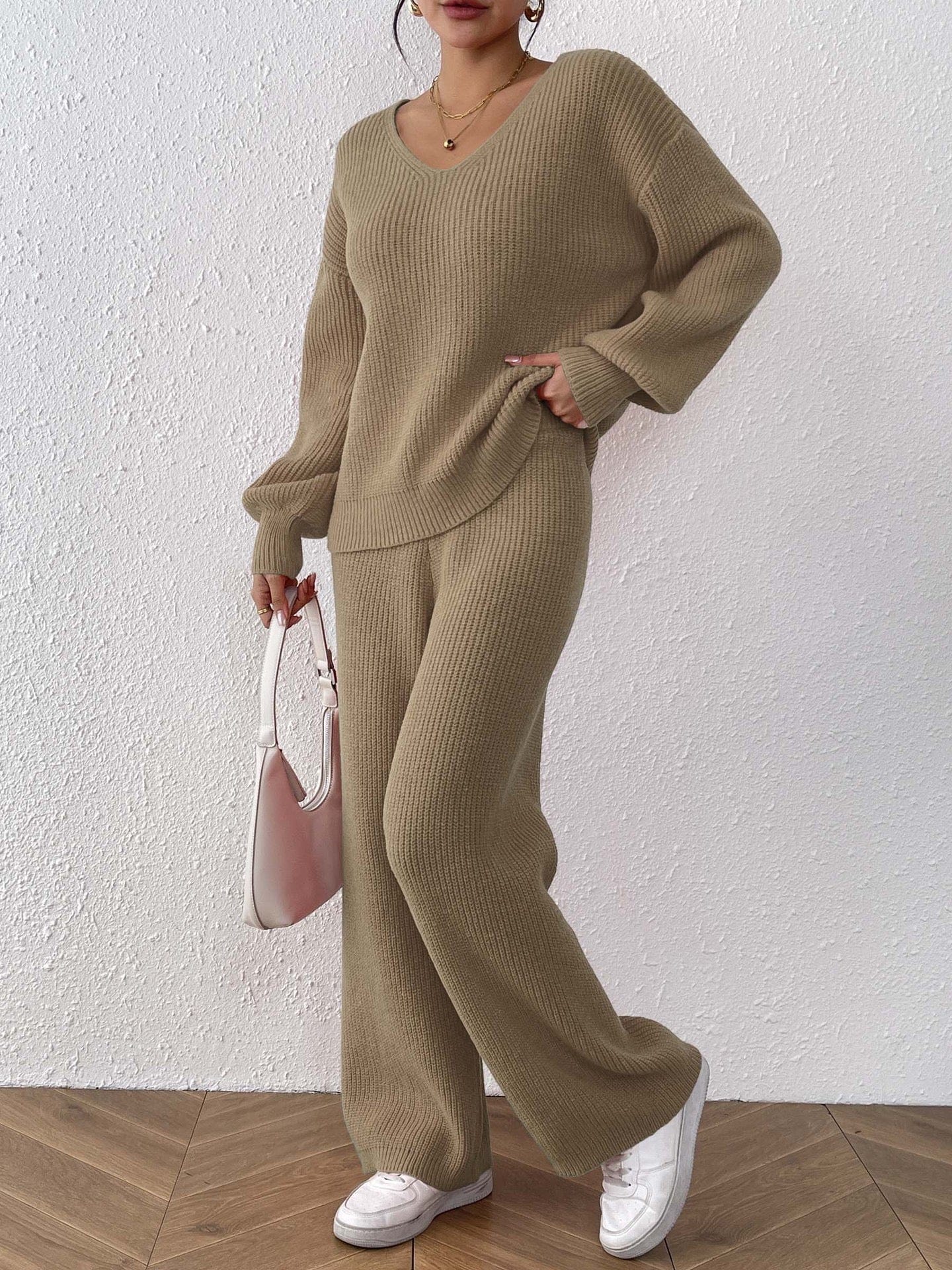 Ensemble en maille 2 pièces – pull col V ample et pantalon droit large uni Beige / S MAX for ME
