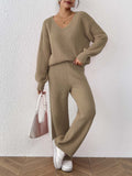 Ensemble en maille 2 pièces – pull col V ample et pantalon droit large uni MAX for ME