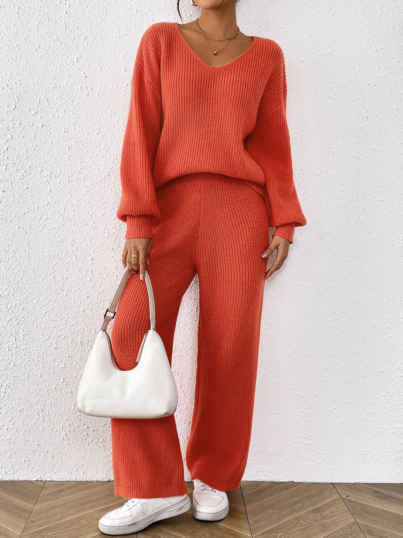 Ensemble en maille 2 pièces – pull col V ample et pantalon droit large uni MAX for ME