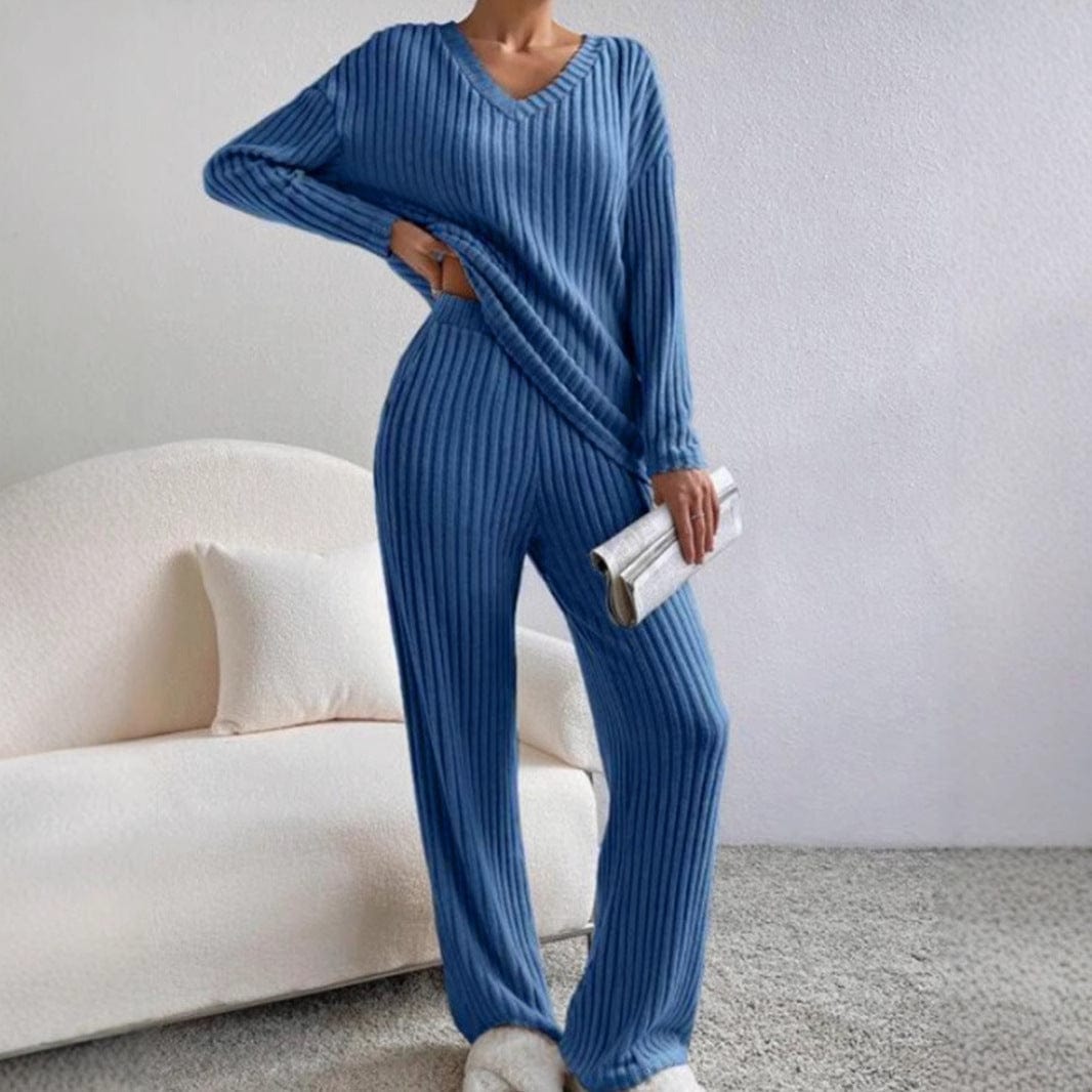 Ensemble en maille côtelée col V - un style chic et confortable - MAX FOR ME Bleu marine / S MAX FOR ME