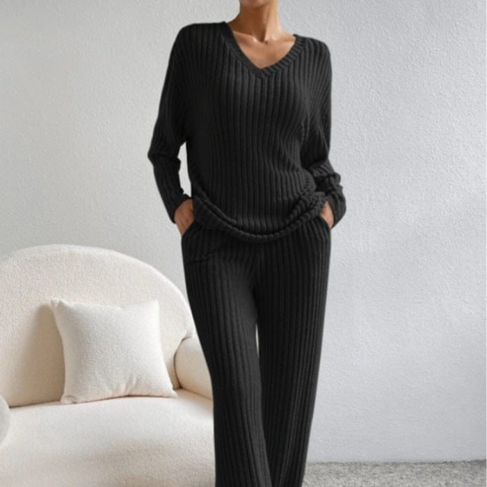 Ensemble en maille côtelée col V - un style chic et confortable - MAX FOR ME Noir / S MAX FOR ME
