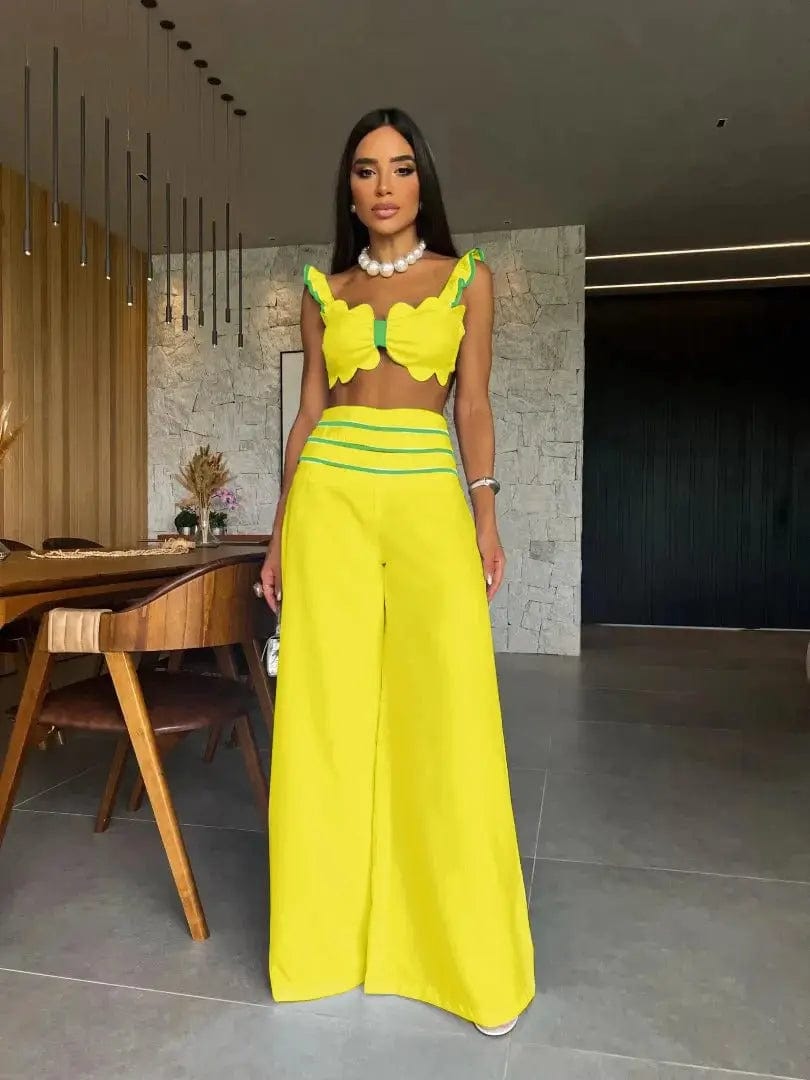 MAX for ME ensemble jaune / 36 Ensemble Crop Top et Pantalon Palazzo à Détails Contrastés