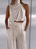 Ensemble féminin en deux pièces - Crop Top sans manches et pantalon large à tête haute - ajustement élégant Beige Foncé / S MAX FOR ME