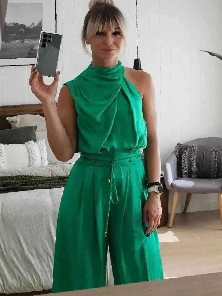 Ensemble féminin en deux pièces - Crop Top sans manches et pantalon large à tête haute - ajustement élégant Vert Foncé / S MAX FOR ME