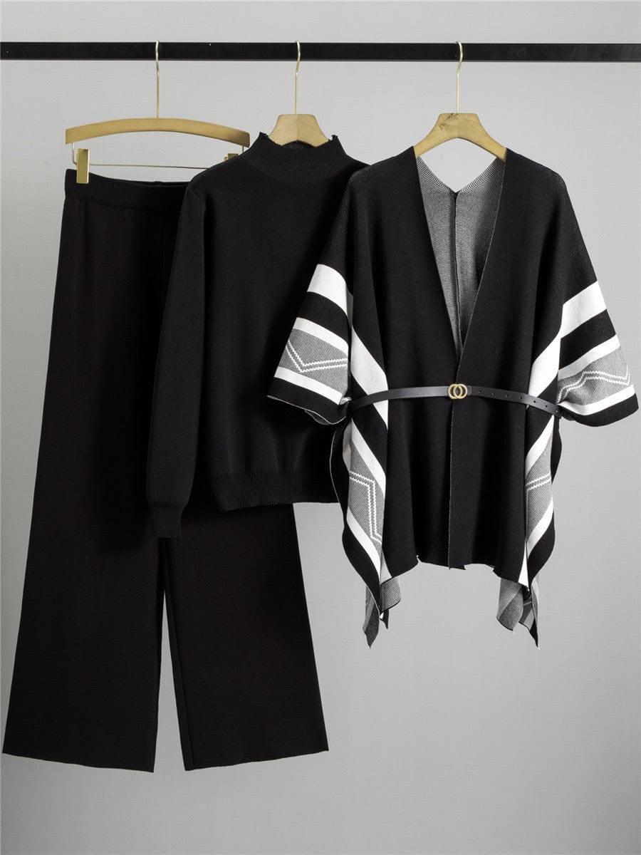 Ensemble femme 3 pièces - poncho maille, pull col roulé et pantalon large style sophistiqué Noir / S MAX for ME