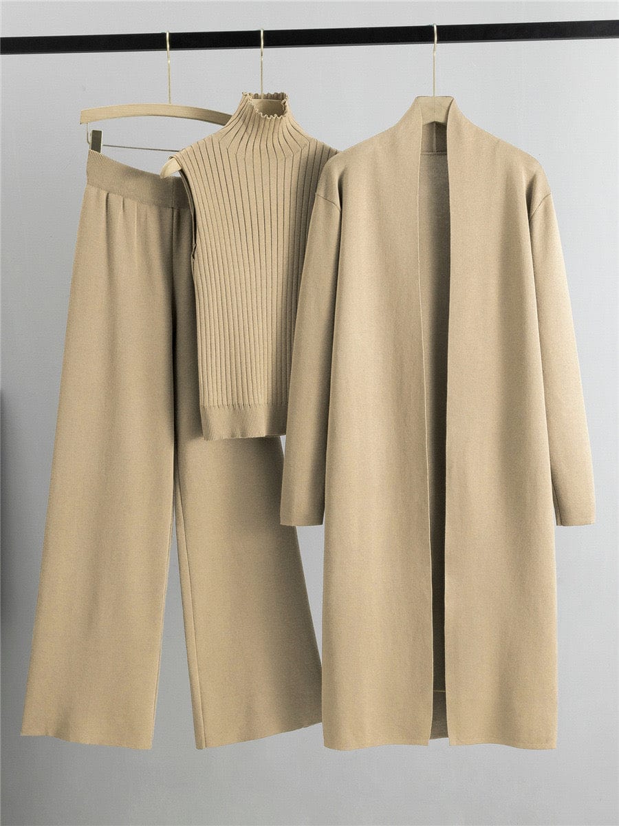 Ensemble femme 3 pièces - pull col roulé cardigan long et pantalon large total look sophistiqué - MAX FOR ME Beige / S MAX for ME