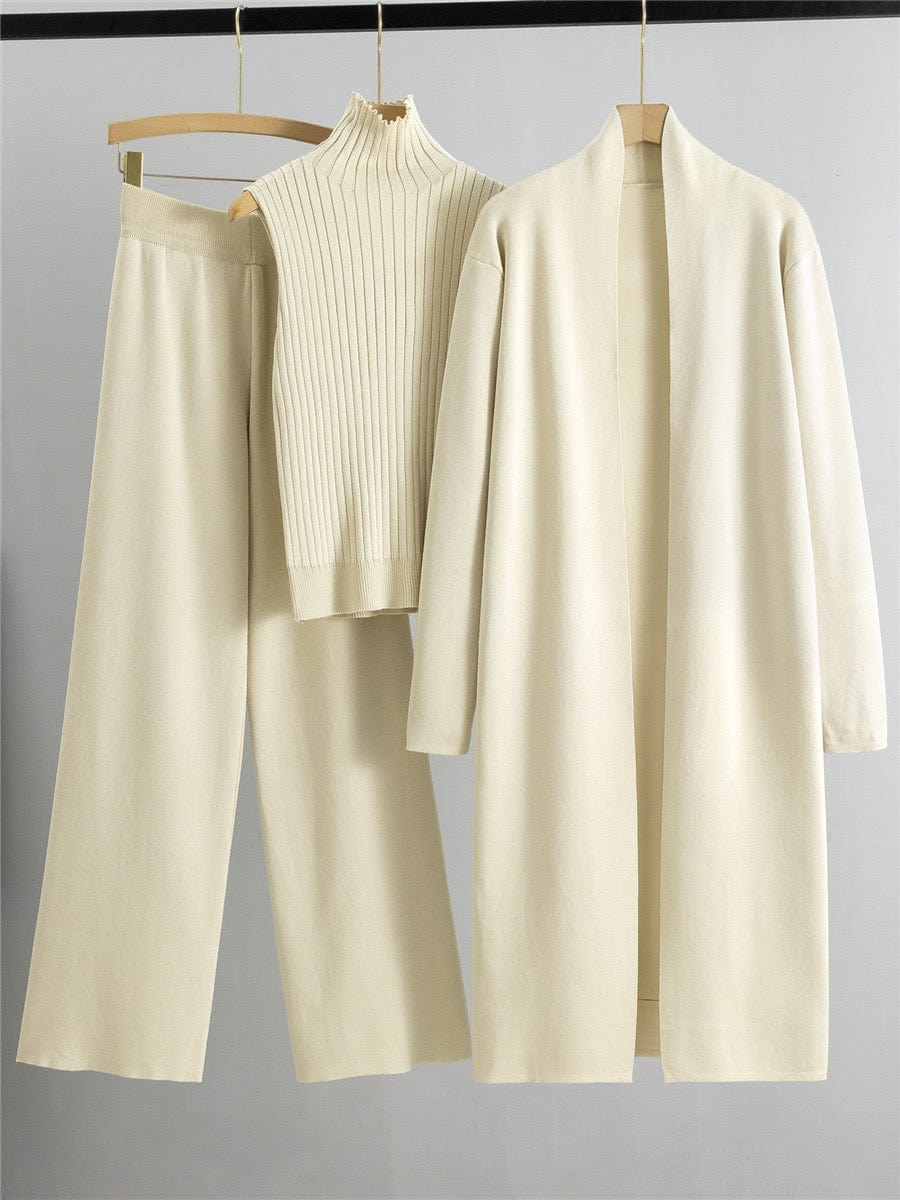 Ensemble femme 3 pièces - pull col roulé cardigan long et pantalon large total look sophistiqué - MAX FOR ME Blanc Cassé / S MAX for ME
