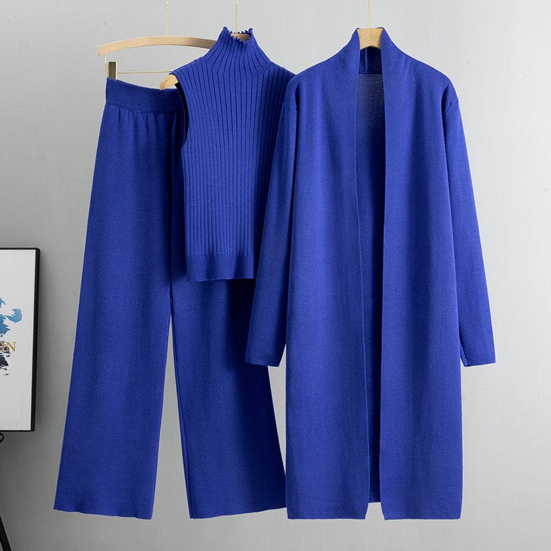 Ensemble femme 3 pièces - pull col roulé cardigan long et pantalon large total look sophistiqué - MAX FOR ME Bleu jean foncé / S MAX for ME