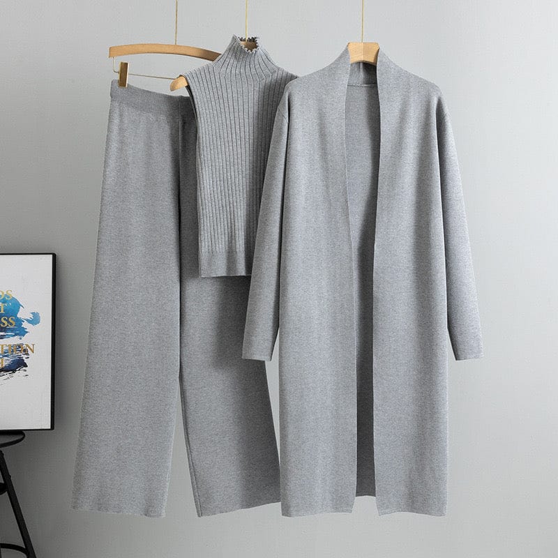 Ensemble femme 3 pièces - pull col roulé cardigan long et pantalon large total look sophistiqué - MAX FOR ME Gris foncé / S MAX for ME