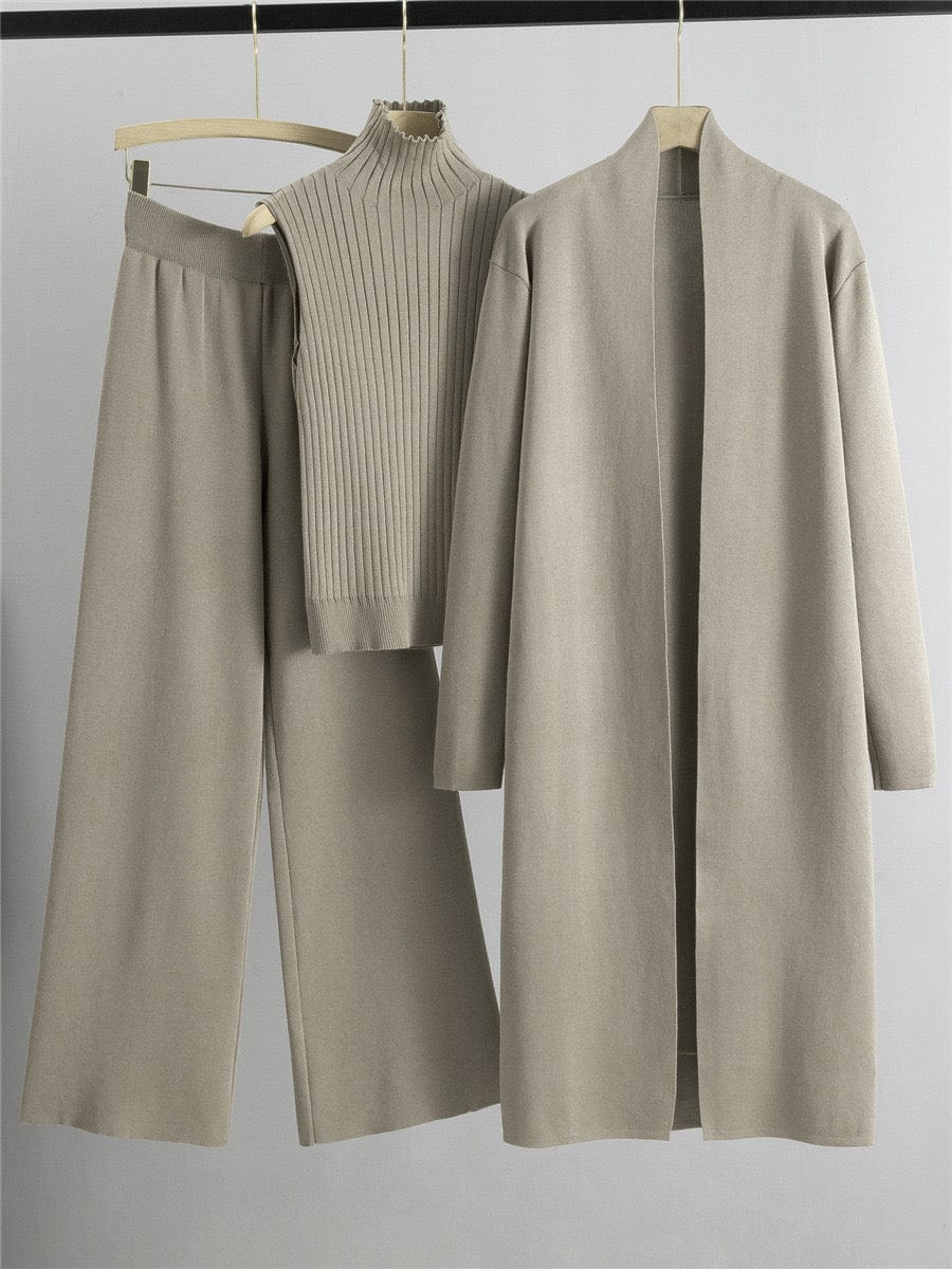 Ensemble femme 3 pièces - pull col roulé cardigan long et pantalon large total look sophistiqué - MAX FOR ME Kaki / S MAX for ME