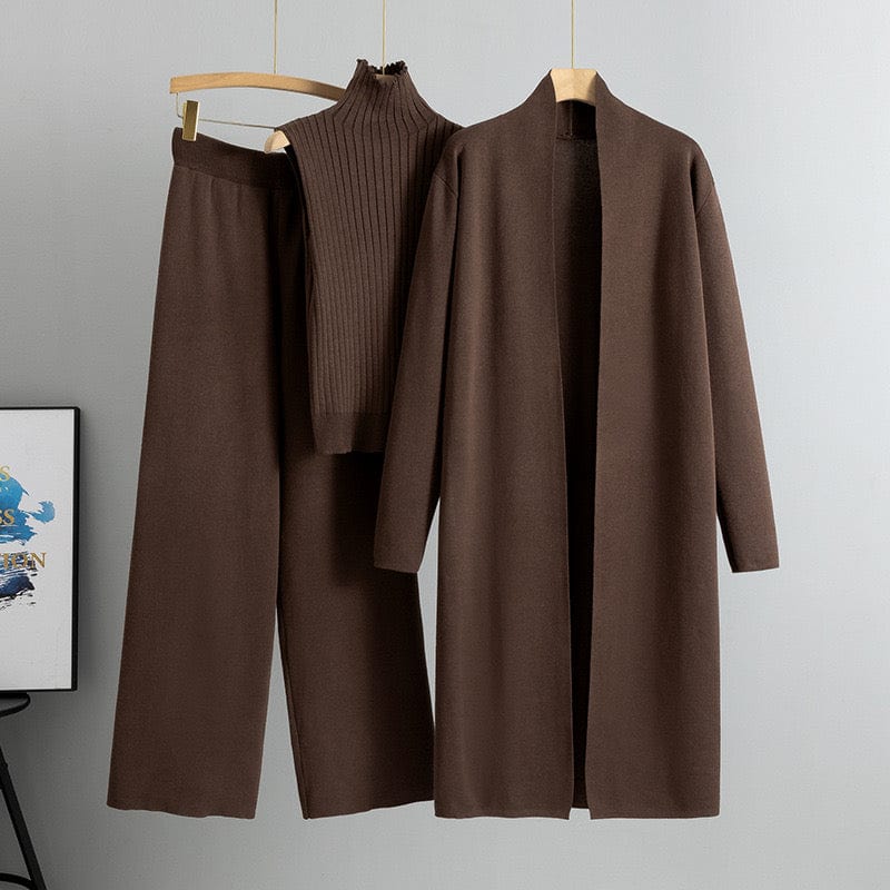 Ensemble femme 3 pièces - pull col roulé cardigan long et pantalon large total look sophistiqué - MAX FOR ME Marron Chocolat / S MAX for ME