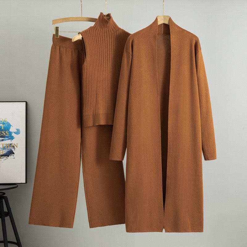 Ensemble femme 3 pièces - pull col roulé cardigan long et pantalon large total look sophistiqué - MAX FOR ME Marron / S MAX for ME