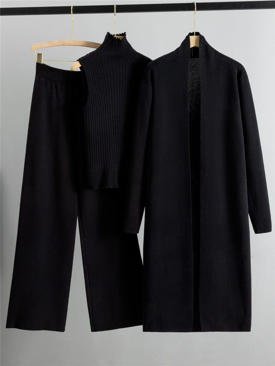 Ensemble femme 3 pièces - pull col roulé cardigan long et pantalon large total look sophistiqué - MAX FOR ME Noir / S MAX for ME