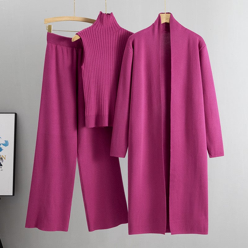 Ensemble femme 3 pièces - pull col roulé cardigan long et pantalon large total look sophistiqué - MAX FOR ME Violet / S MAX for ME