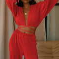 Ensemble femme  côtelé - crop top à nouer et pantalon large style moderne audacieux Rouge / S MAX FOR ME