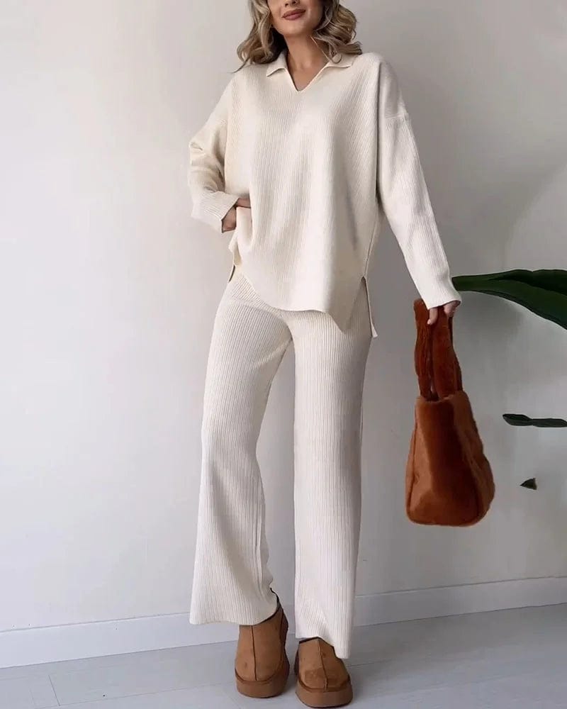 Ensemble femme côtelé - pull col V et pantalon large loungewear confort sophistiqué Blanc / S MAX FOR ME