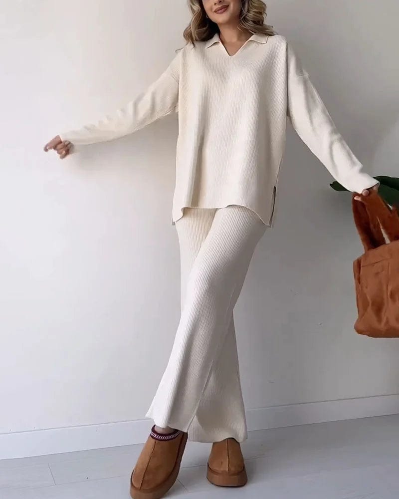 Ensemble femme côtelé - pull col V et pantalon large loungewear confort sophistiqué Blanc / S MAX FOR ME