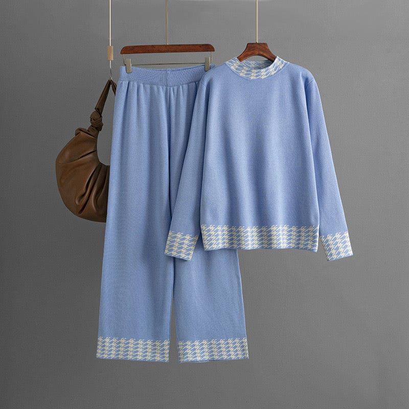Ensemble femme en maille à motif pied-de-poule – Élégance douce et confort structuré Bleu ciel / S MAX for ME