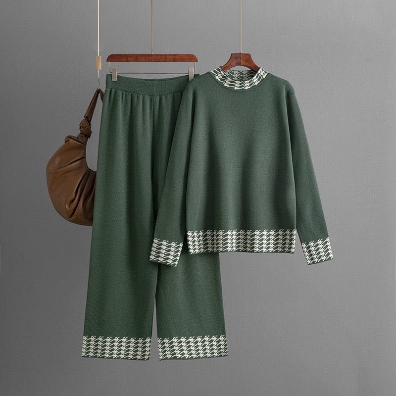 Ensemble femme en maille à motif pied-de-poule – Élégance douce et confort structuré Vert Kaki / S MAX for ME