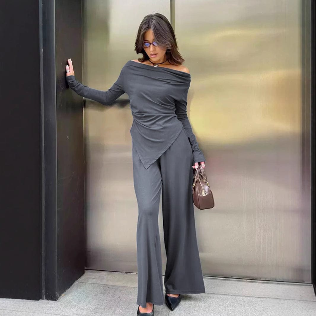 Ensemble femme épaules dénudées - haut asymétrique et pantalon large style sophistiqué moderne Gris / S MAX FOR ME