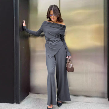 Ensemble femme épaules dénudées - haut asymétrique et pantalon large style sophistiqué moderne Gris / S MAX FOR ME