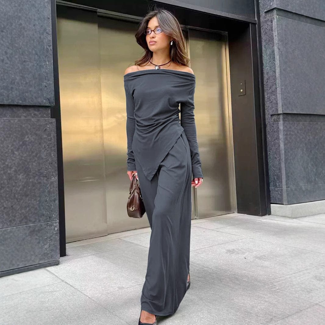 Ensemble femme épaules dénudées - haut asymétrique et pantalon large style sophistiqué moderne MAX FOR ME