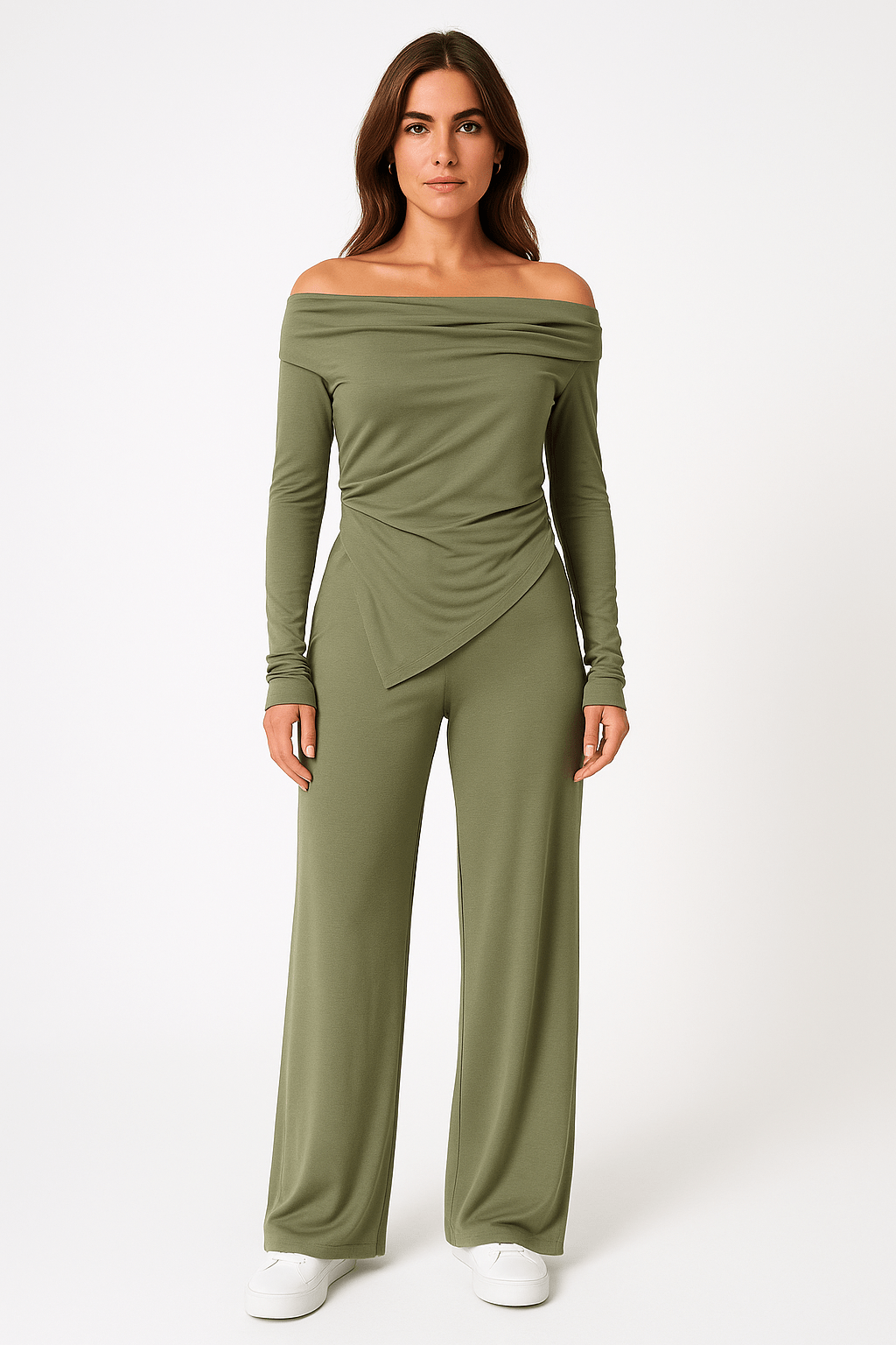 Ensemble femme épaules dénudées - haut asymétrique et pantalon large style sophistiqué moderne MAX FOR ME