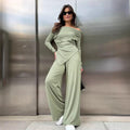Ensemble femme épaules dénudées - haut asymétrique et pantalon large style sophistiqué moderne Vert / S MAX FOR ME