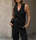 Ensemble femme lin - gilet boutonné et pantalon large style professionnel sophistiqué MAX FOR ME