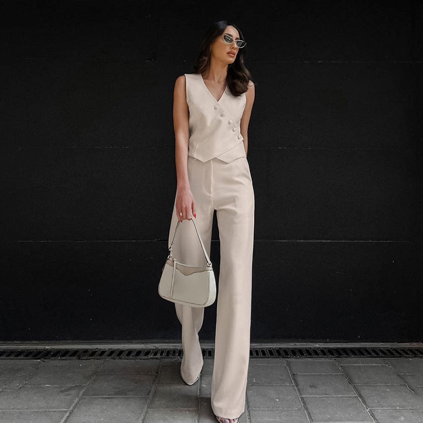 Ensemble femme lin - gilet boutonné et pantalon large style professionnel sophistiqué MAX FOR ME