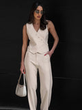 Ensemble femme lin - gilet boutonné et pantalon large style professionnel sophistiqué MAX FOR ME
