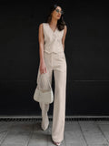 Ensemble femme lin - gilet boutonné et pantalon large style professionnel sophistiqué MAX FOR ME