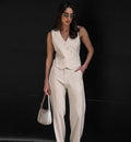 Ensemble femme lin - gilet boutonné et pantalon large style professionnel sophistiqué MAX FOR ME