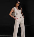 Ensemble femme lin - gilet boutonné et pantalon large style professionnel sophistiqué MAX FOR ME