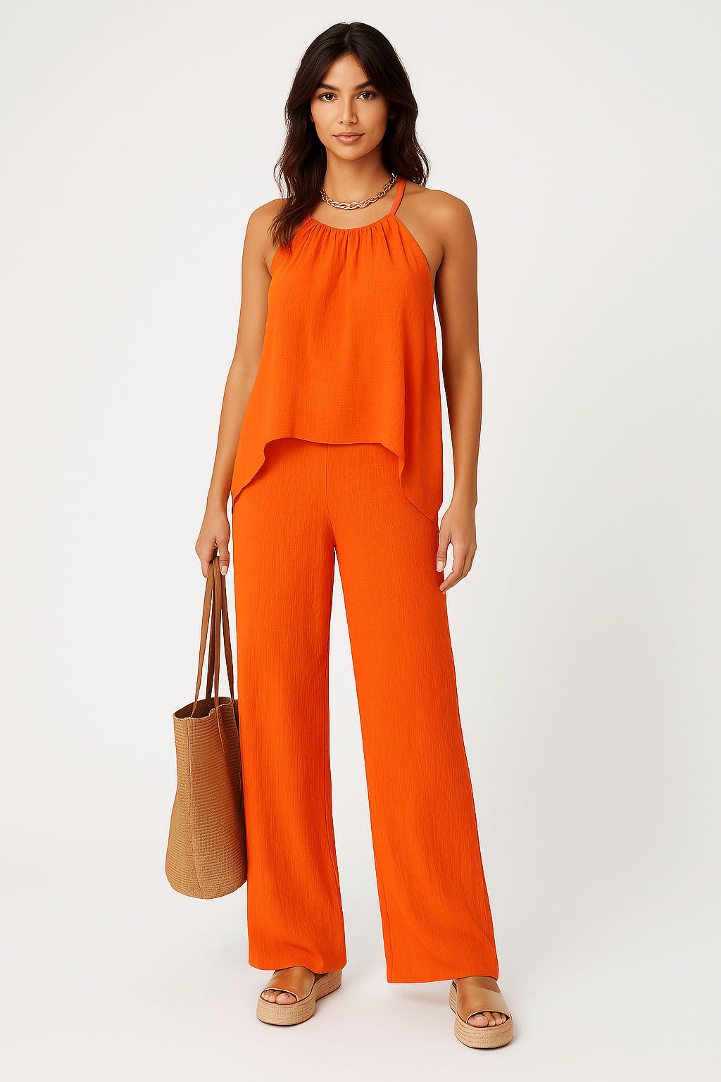 Ensemble femme vert dos nu - top asymétrique et pantalon large coupe moderne sophistiquée Orange / S MAX FOR ME