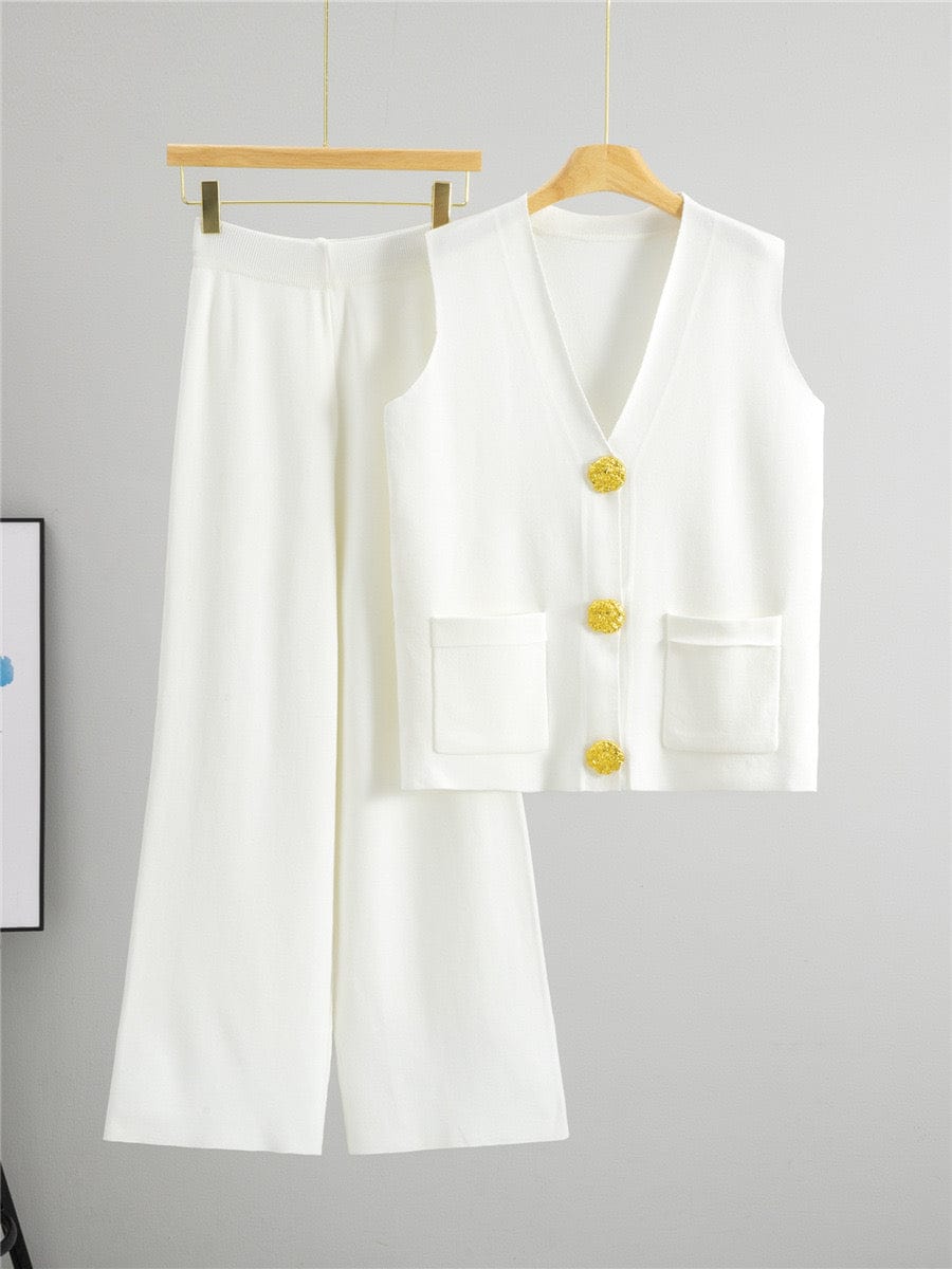 Ensemble gilet sans manches pantalon droit coordonné style moderne - sophistication épurée - MAX FOR ME Blanc rayure / S MAX for ME