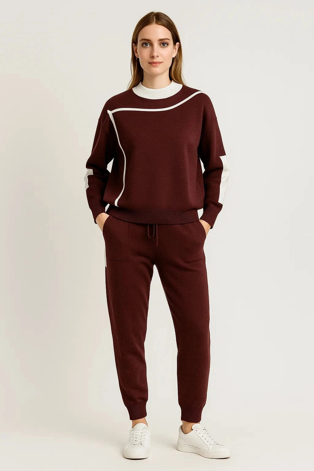 Ensemble K-fashion sweat col contrasté pantalon coordonné bicolore - style coréen moderne - MAX FOR ME Bordeaux / S MAX for ME