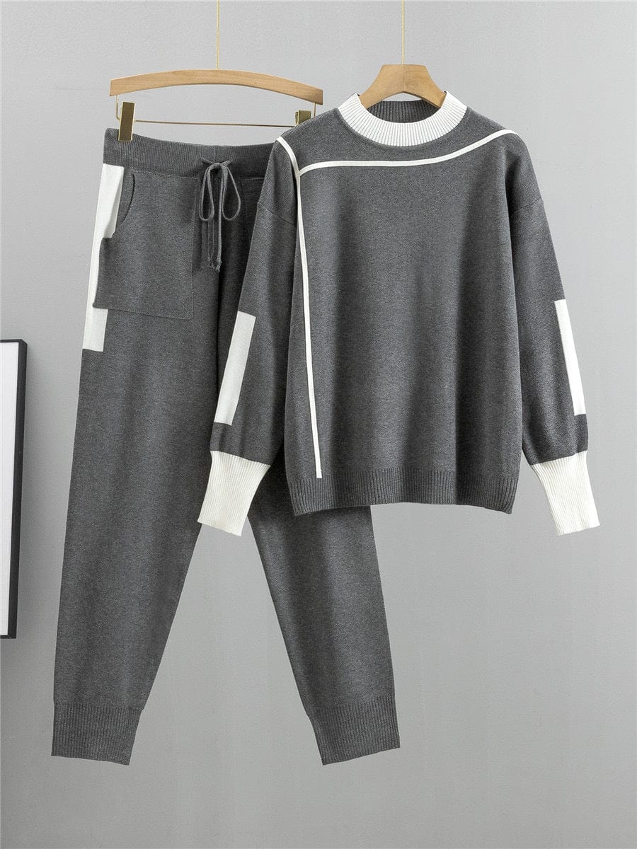Ensemble K-fashion sweat col contrasté pantalon coordonné bicolore - style coréen moderne - MAX FOR ME Gris / S MAX for ME