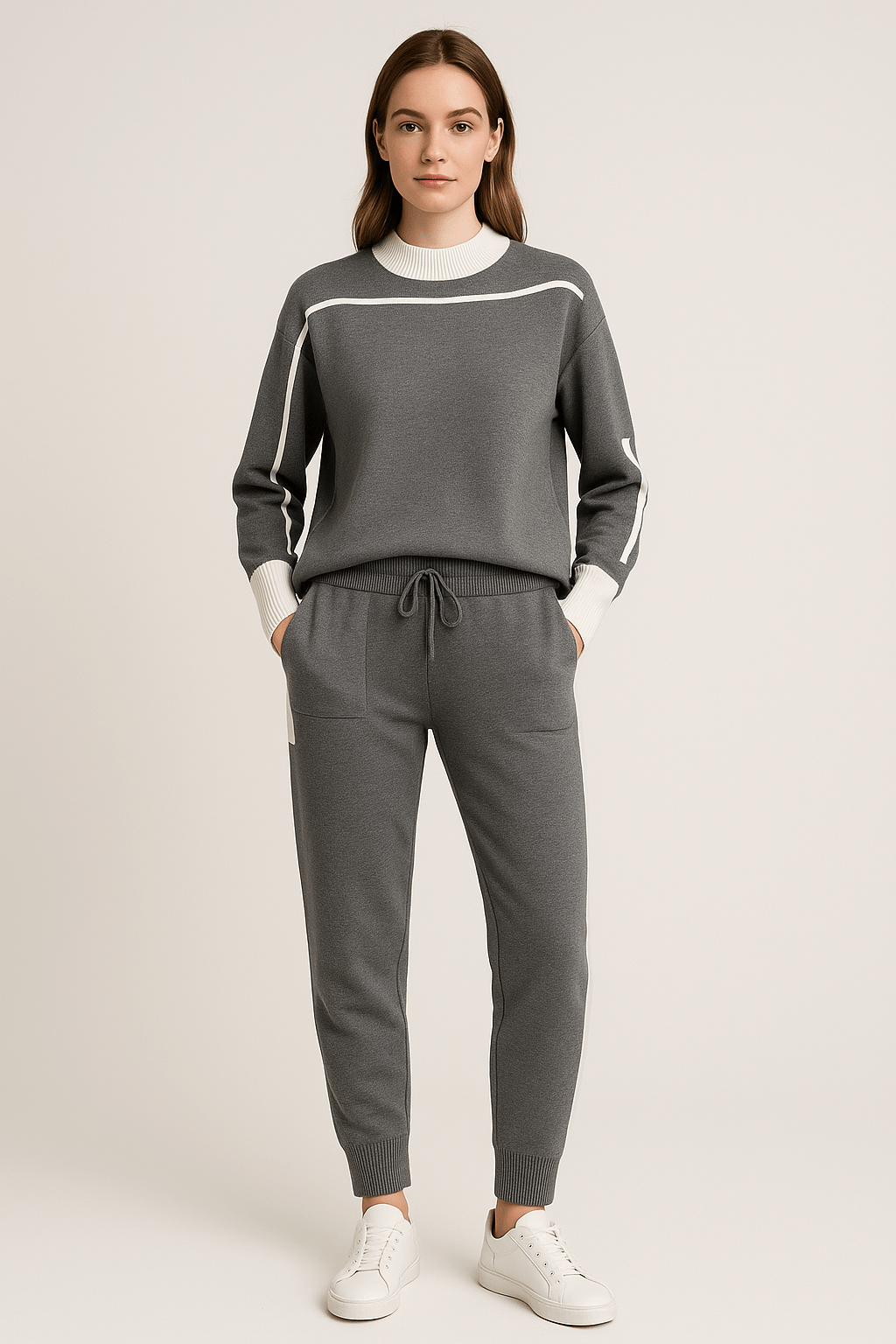 Ensemble K-fashion sweat col contrasté pantalon coordonné bicolore - style coréen moderne - MAX FOR ME MAX for ME