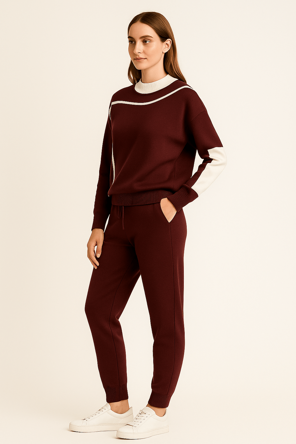 Ensemble K-fashion sweat col contrasté pantalon coordonné bicolore - style coréen moderne - MAX FOR ME MAX for ME