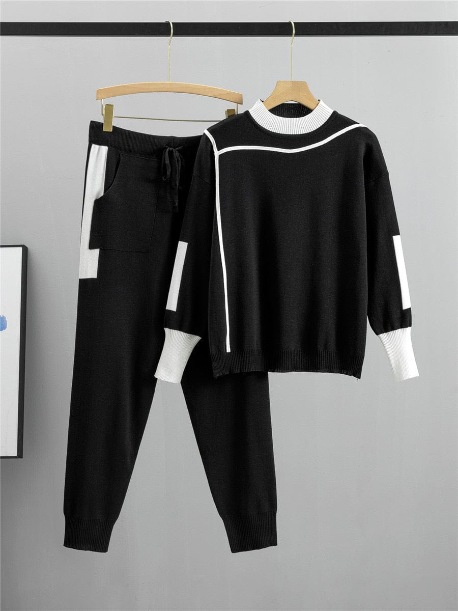 Ensemble K-fashion sweat col contrasté pantalon coordonné bicolore - style coréen moderne - MAX FOR ME MAX for ME