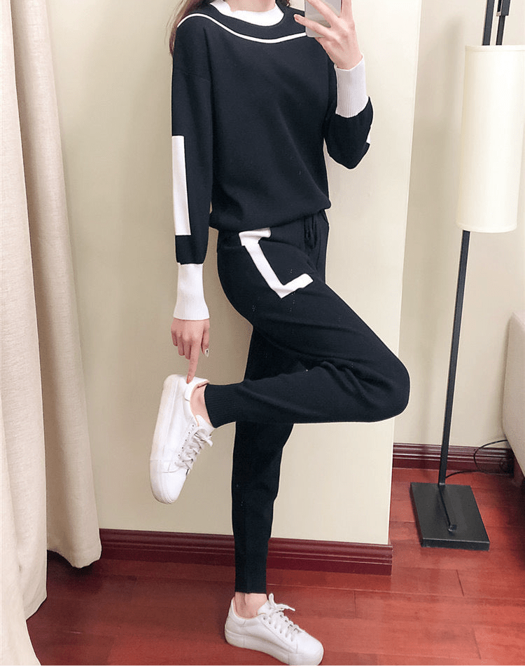 Ensemble K-fashion sweat col contrasté pantalon coordonné bicolore - style coréen moderne - MAX FOR ME MAX for ME